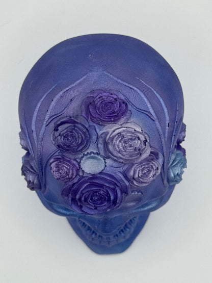 Frosty Blue Skull with Purple Roses