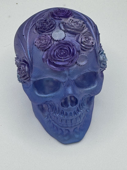 Frosty Blue Skull with Purple Roses