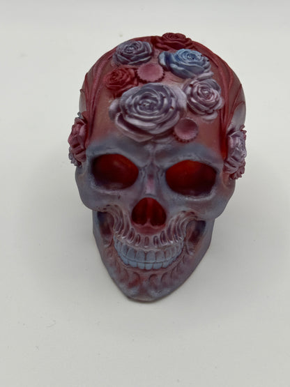 Dusty Red Skull with Roses Decorative Sculpture