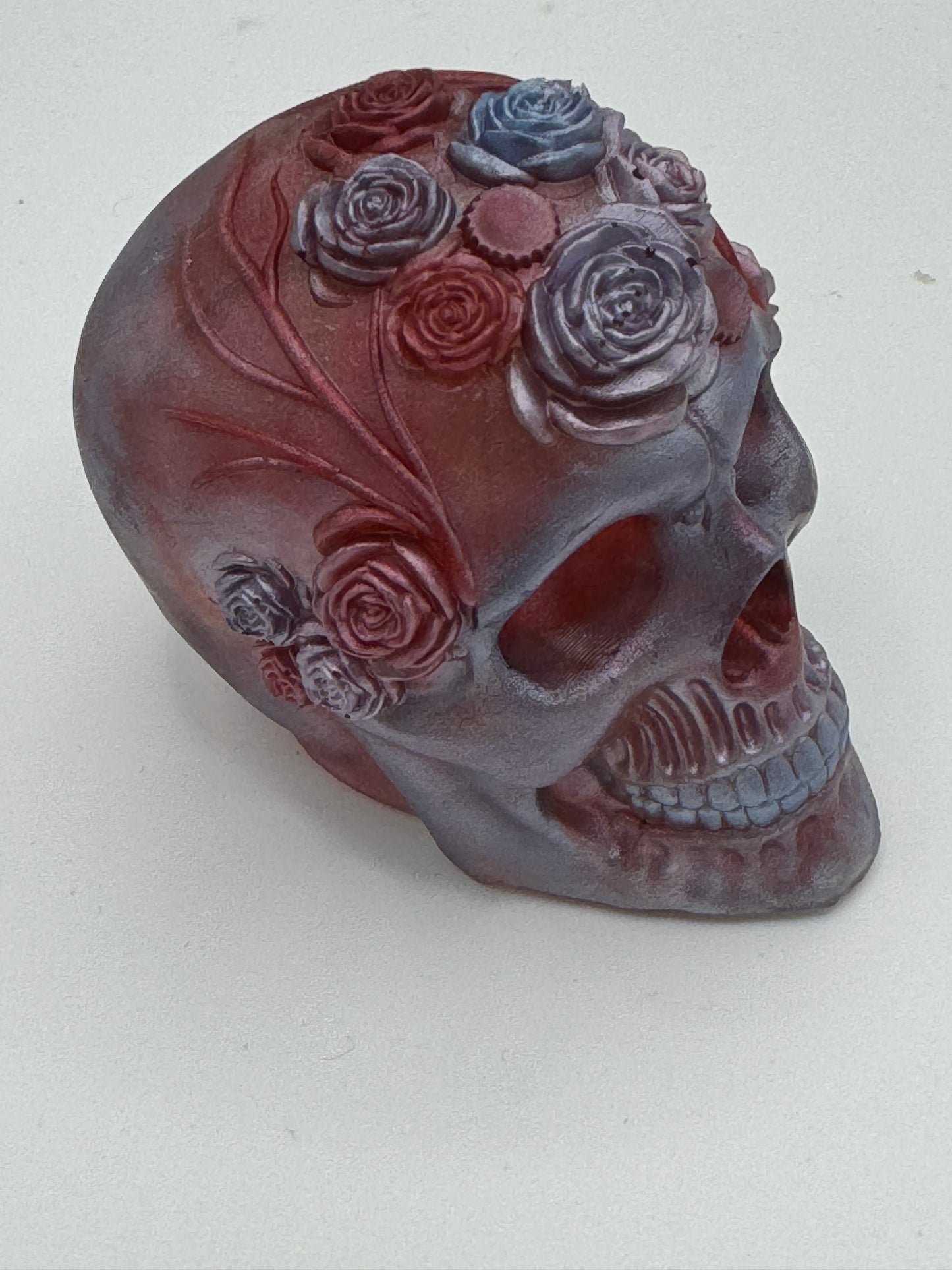 Dusty Red Skull with Roses Decorative Sculpture